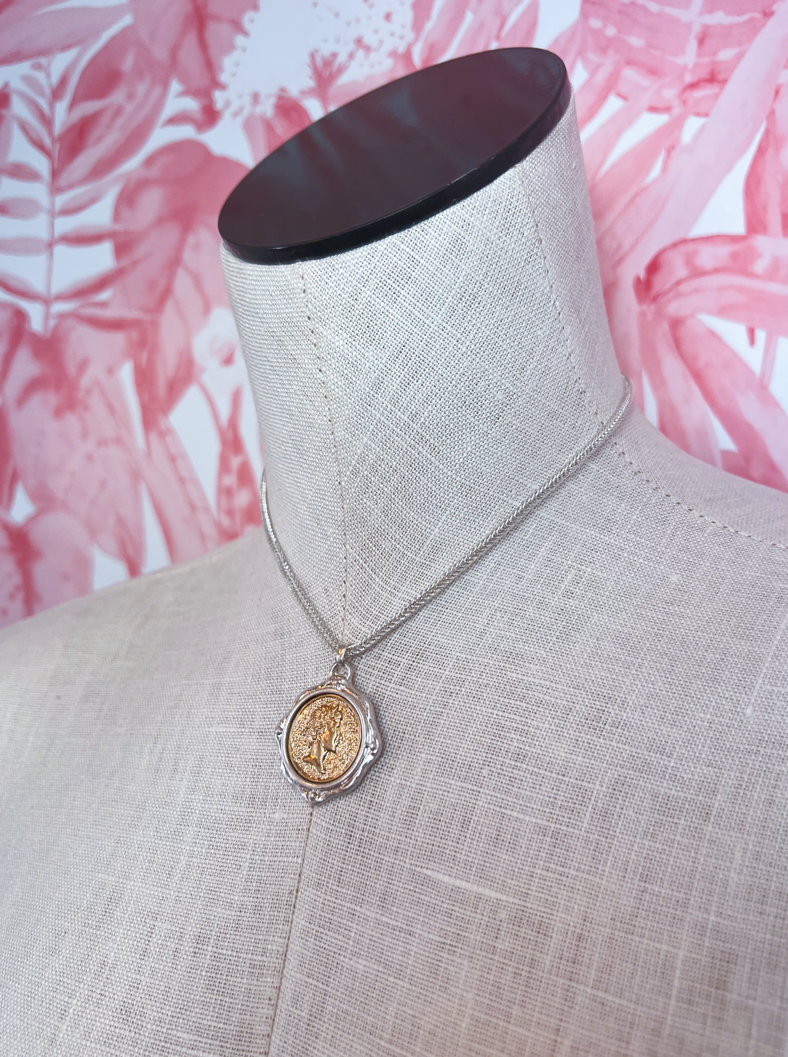 Two-Tone Coin Charm Necklace in Worn Silver *Final Sale*