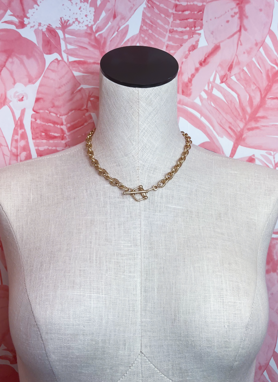 Metal Textured Linked Toggle Necklace in Worn Gold *Final Sale*