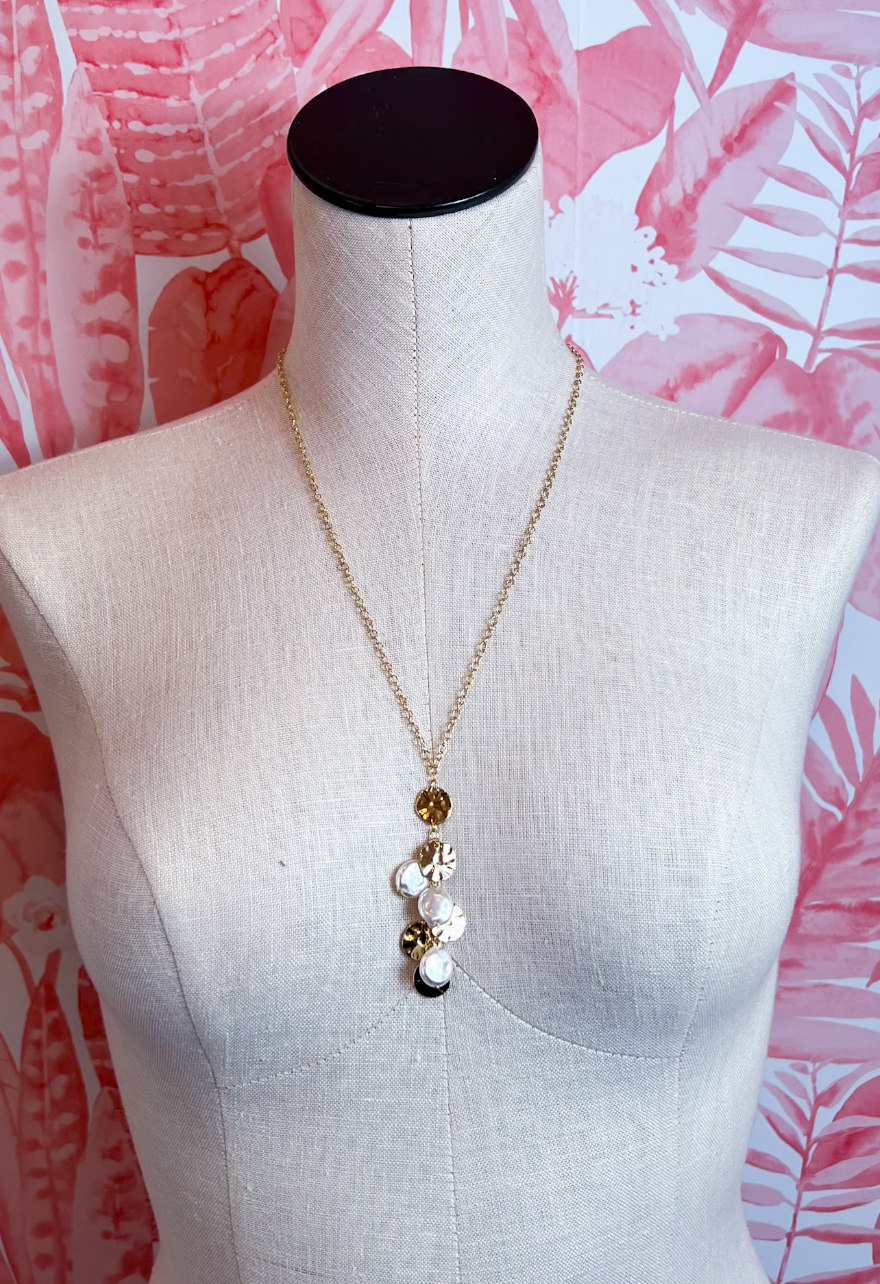 Metal Disc Pearl Cluster Necklace in Gold  *Final Sale*