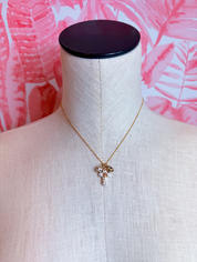 Ceramic Floral Cross And Bead Charms Chain Necklace *Final Sale*