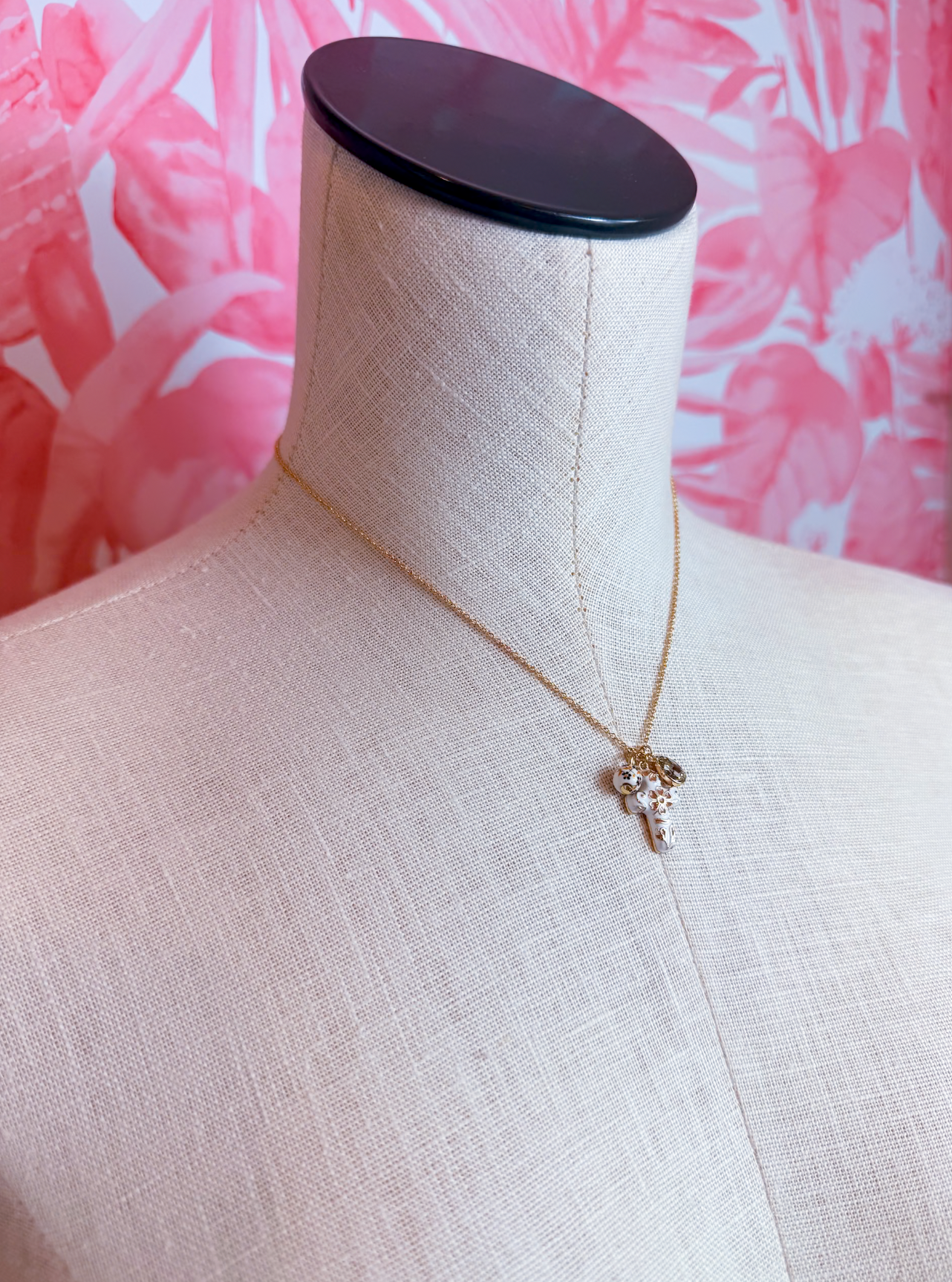 Ceramic Floral Cross And Bead Charms Chain Necklace *Final Sale*