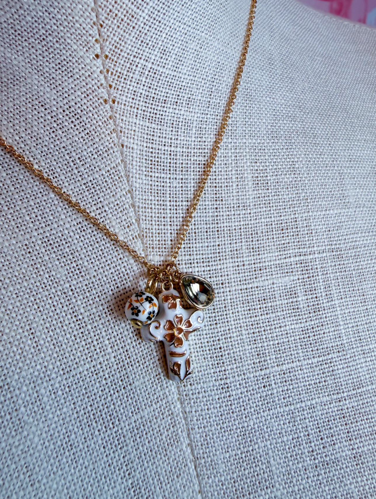 Ceramic Floral Cross And Bead Charms Chain Necklace *Final Sale*