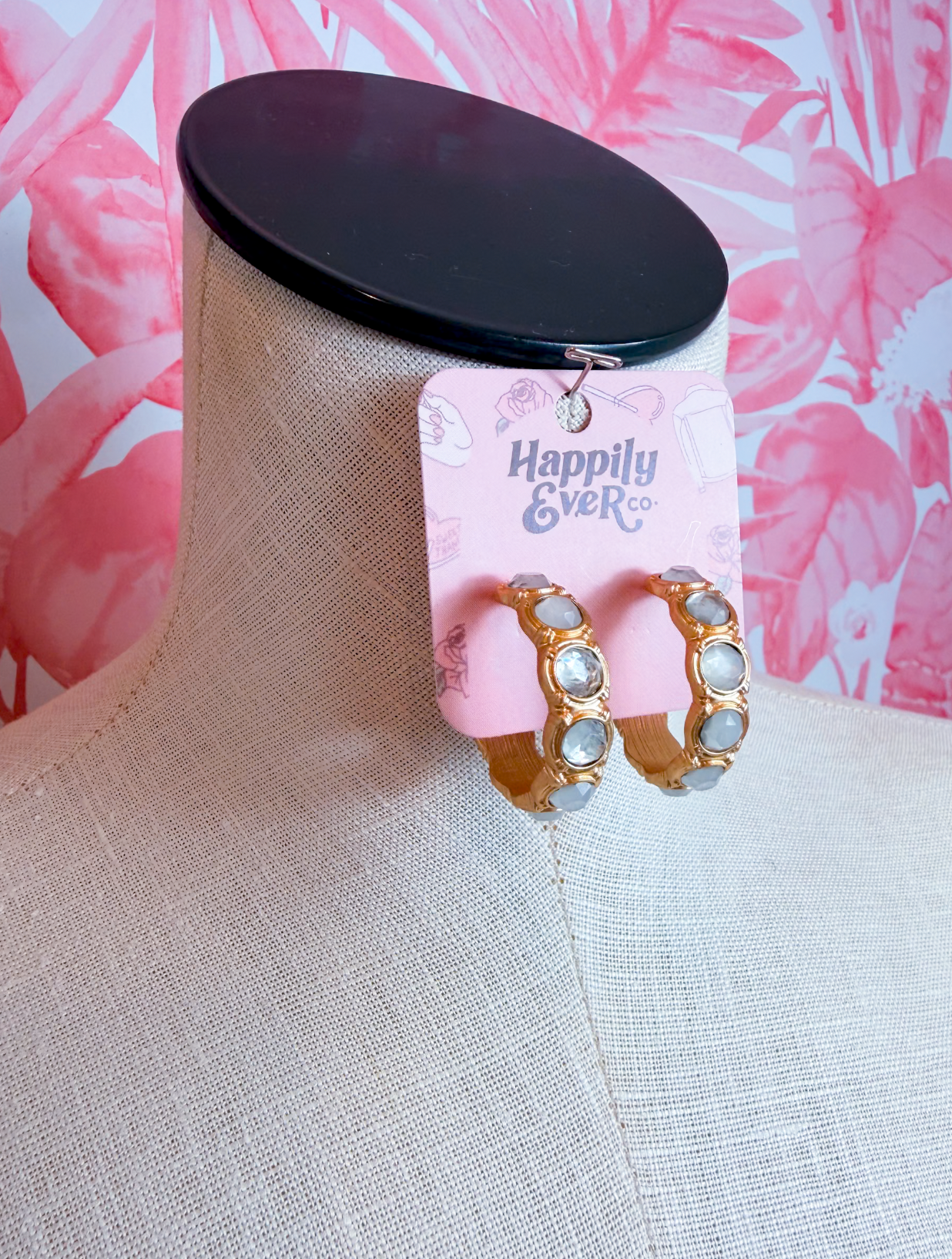 Matte Faceted Stone Inset Open Hoop Earrings in Sky Grey *Final Sale*