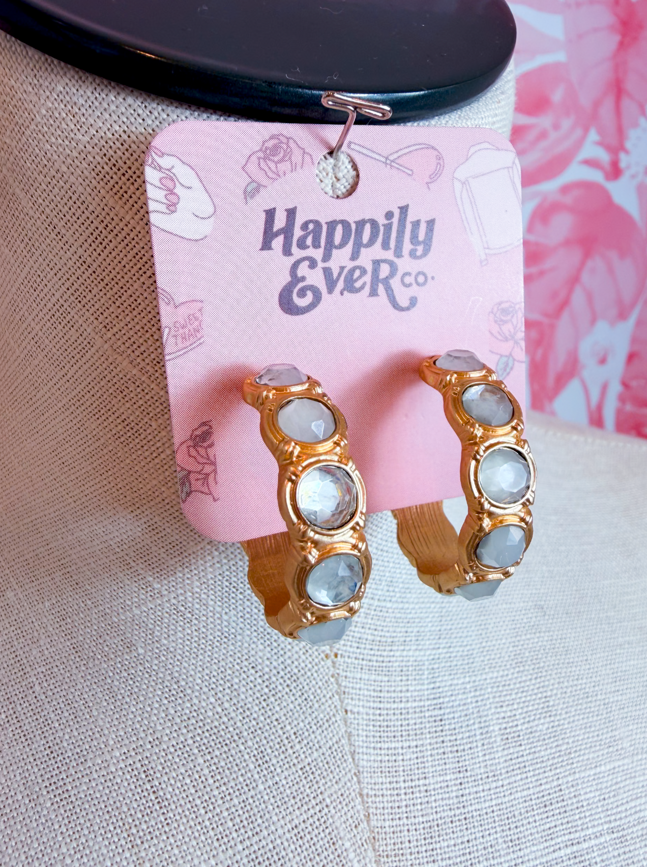 Matte Faceted Stone Inset Open Hoop Earrings in Sky Grey *Final Sale*