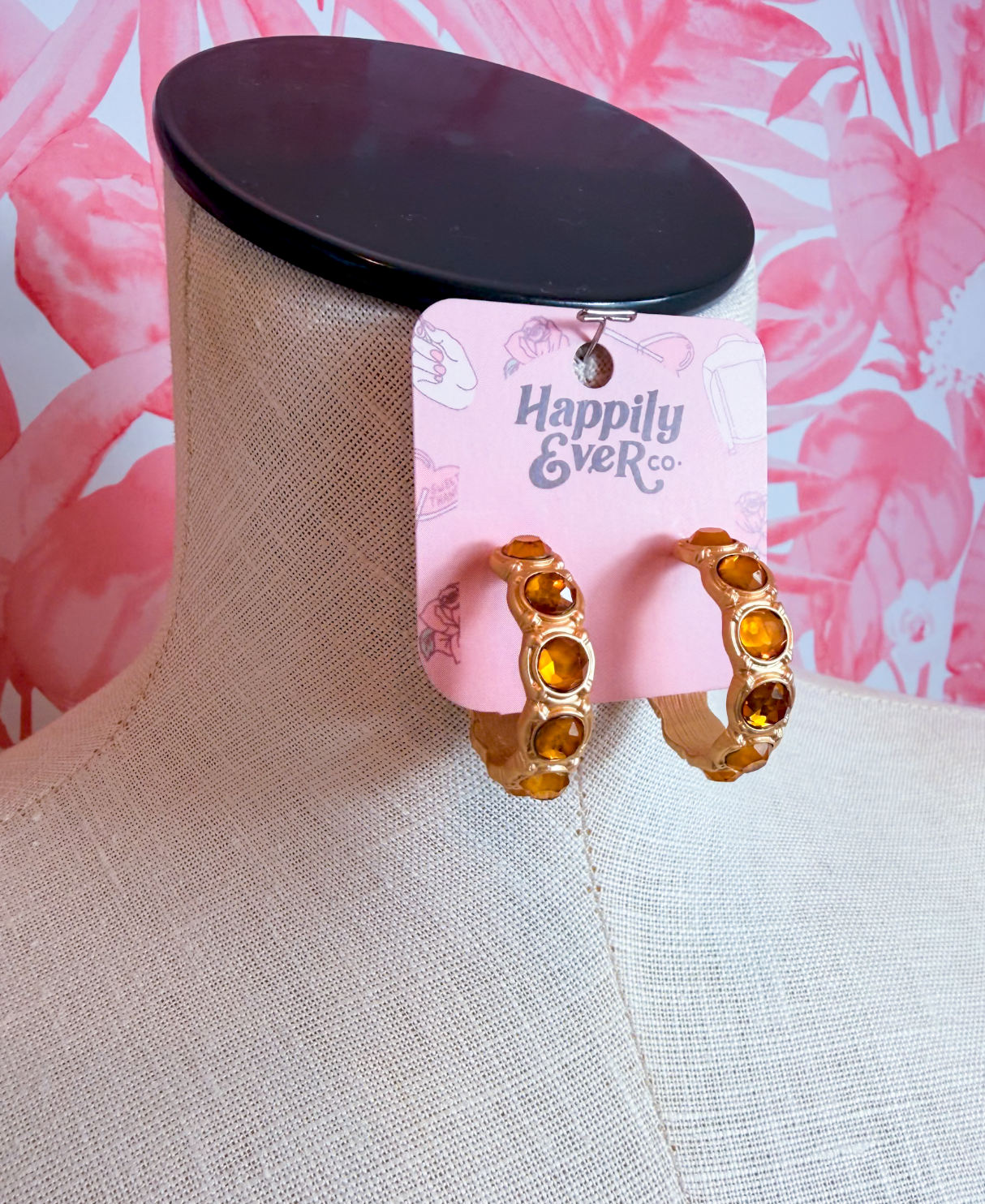 Matte Faceted Stone Inset Open Hoop Earrings in Amber *Final Sale*
