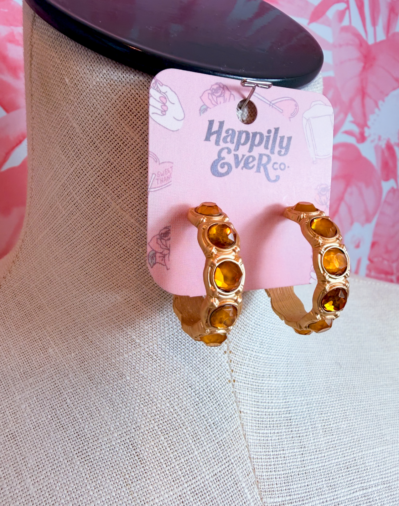Matte Faceted Stone Inset Open Hoop Earrings in Amber *Final Sale*