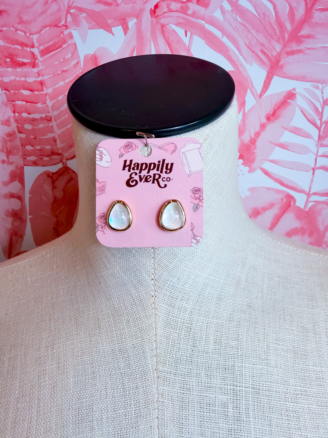 Iridescent Rounded Triangle Cabochon Stud Earrings in White *Final Sale*