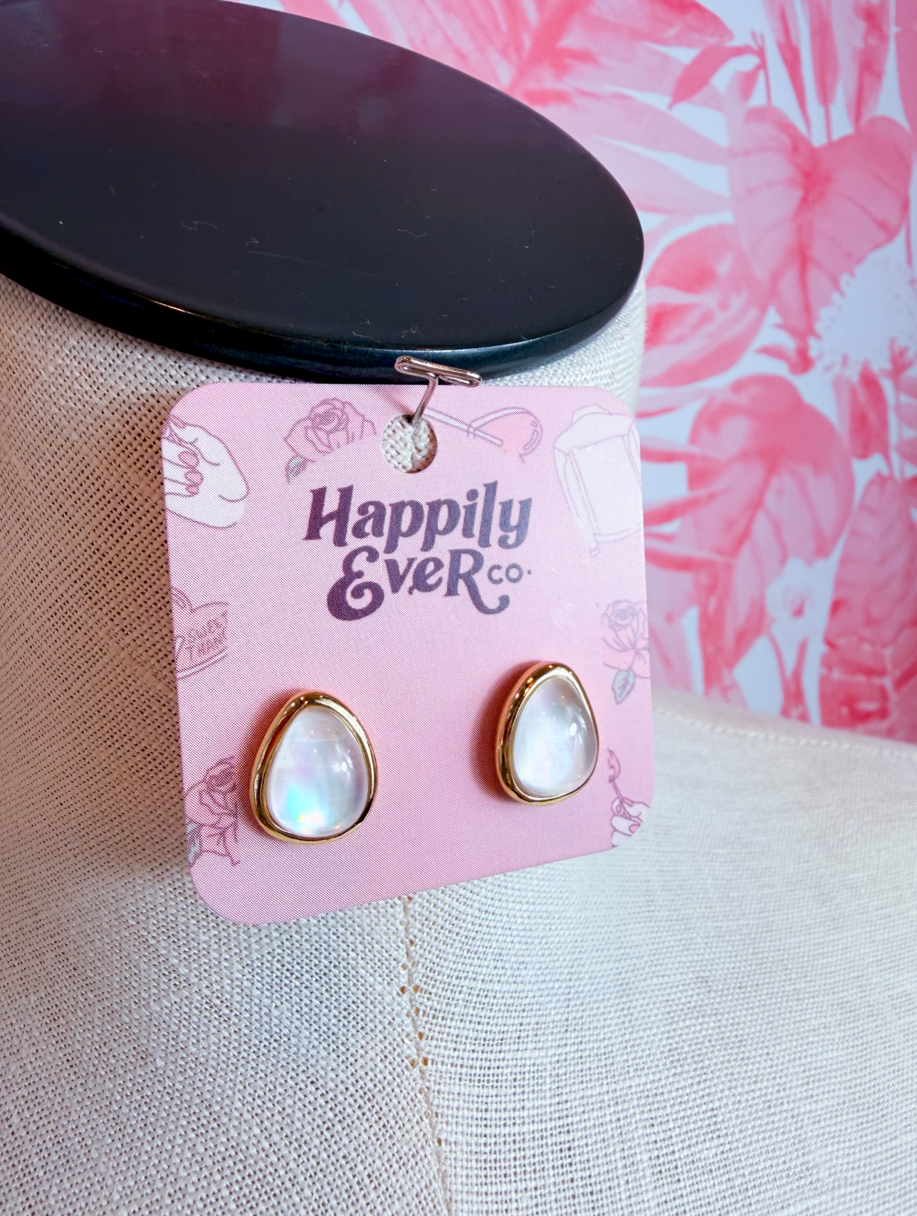 Iridescent Rounded Triangle Cabochon Stud Earrings in White *Final Sale*