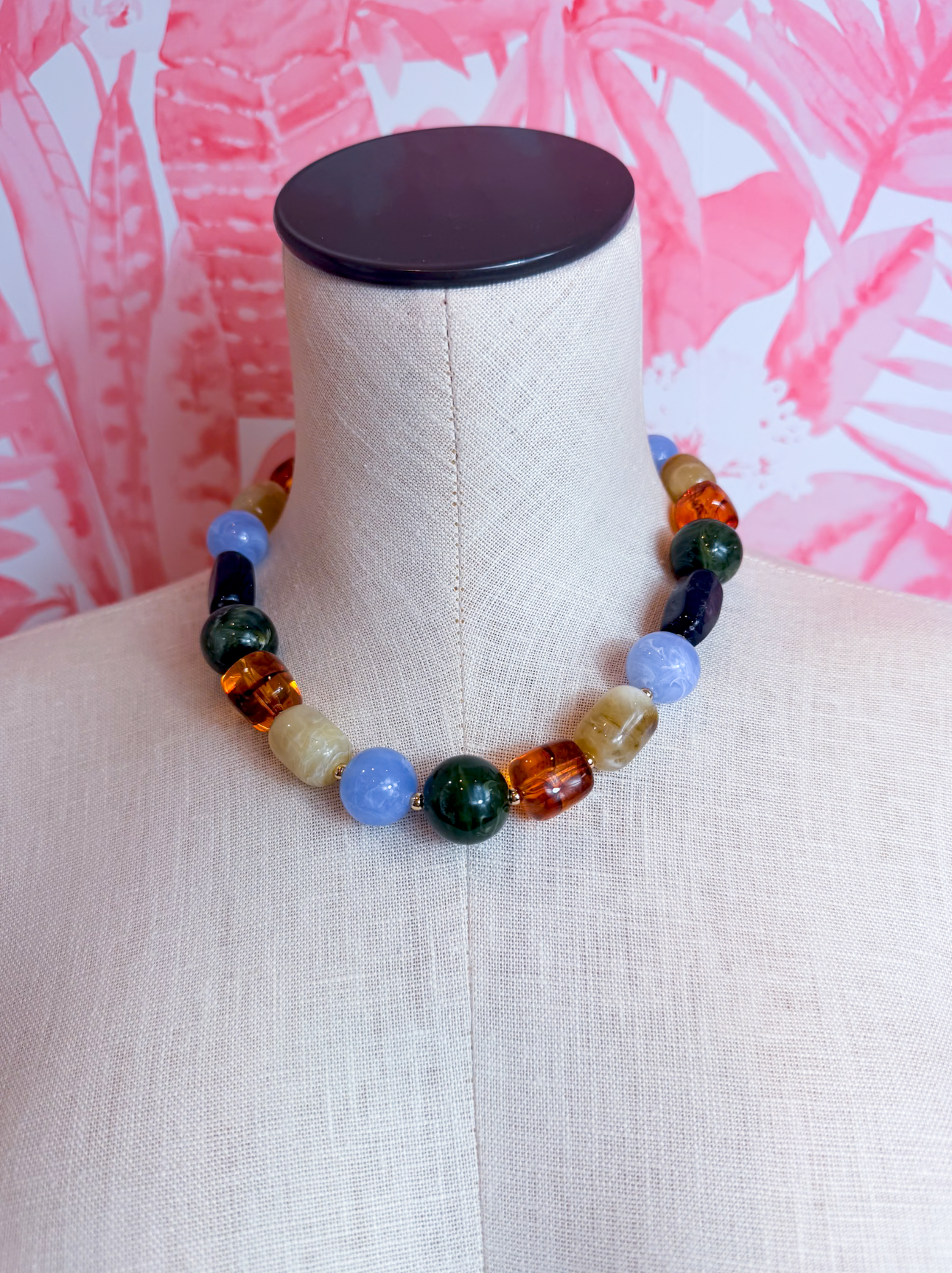 Chunky Marbled Mixed Bead Statement Necklace in Blue *Final Sale*