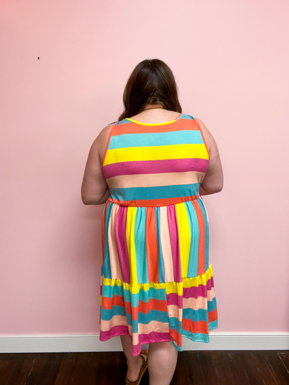 Start The Day Rainbow Stripe Shoulder Tie Tiered Dress