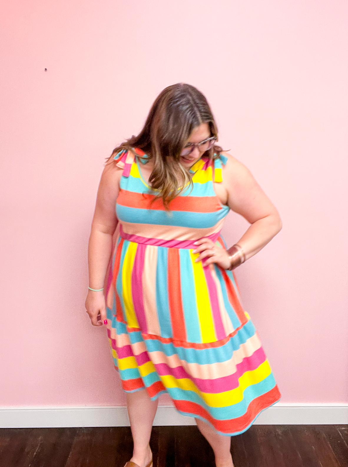 Start The Day Rainbow Stripe Shoulder Tie Tiered Dress