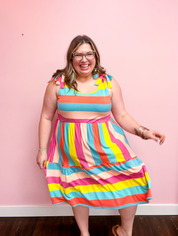 Start The Day Rainbow Stripe Shoulder Tie Tiered Dress