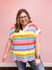 Somewhere Over The Rainbow Striped V Neck Drop Shoulder Thermal Knit Top