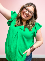 Summer Days Kelly Green Banded V Neck Flutter Sleeve Top