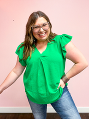 Summer Days Kelly Green Banded V Neck Flutter Sleeve Top
