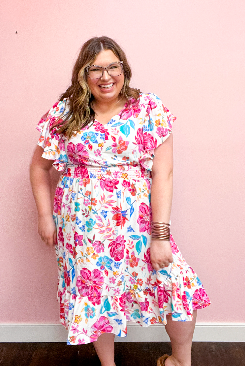 Hello Gorgeous Ivory & Fuchsia Floral Sequin Print Smock Waist Midi Dress