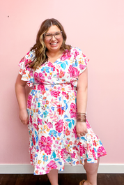 Hello Gorgeous Ivory & Fuchsia Floral Sequin Print Smock Waist Midi Dress