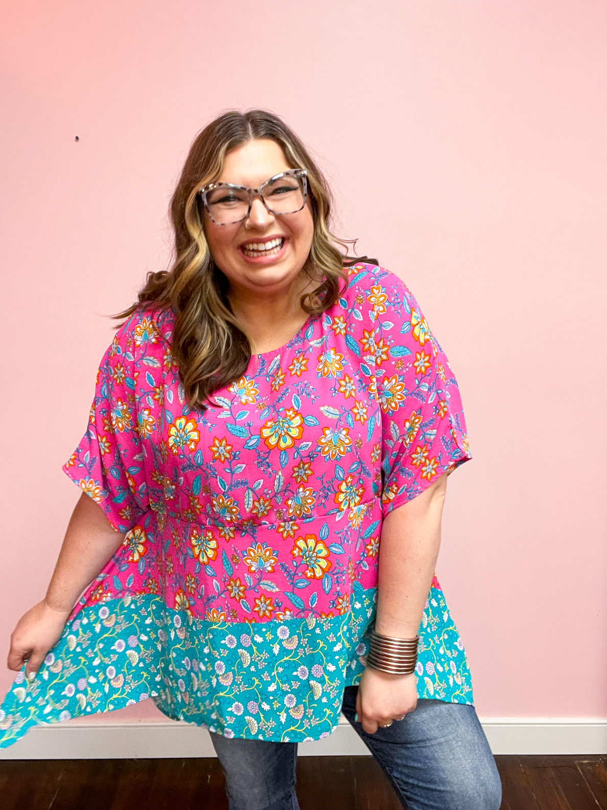 Vacay Ready Fuchsia Paisley Floral Dolman Sleeve Shark Bite Top