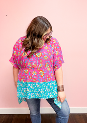 Vacay Ready Fuchsia Paisley Floral Dolman Sleeve Shark Bite Top