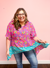 Vacay Ready Fuchsia Paisley Floral Dolman Sleeve Shark Bite Top