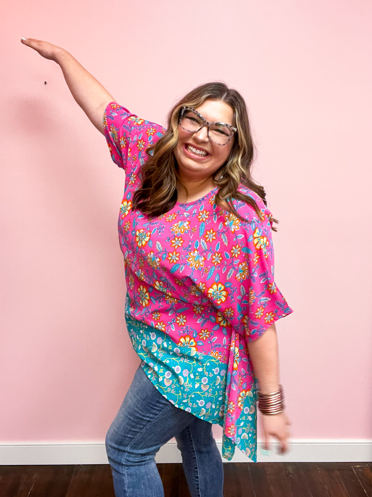 Vacay Ready Fuchsia Paisley Floral Dolman Sleeve Shark Bite Top