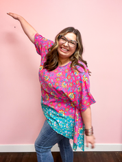 Vacay Ready Fuchsia Paisley Floral Dolman Sleeve Shark Bite Top