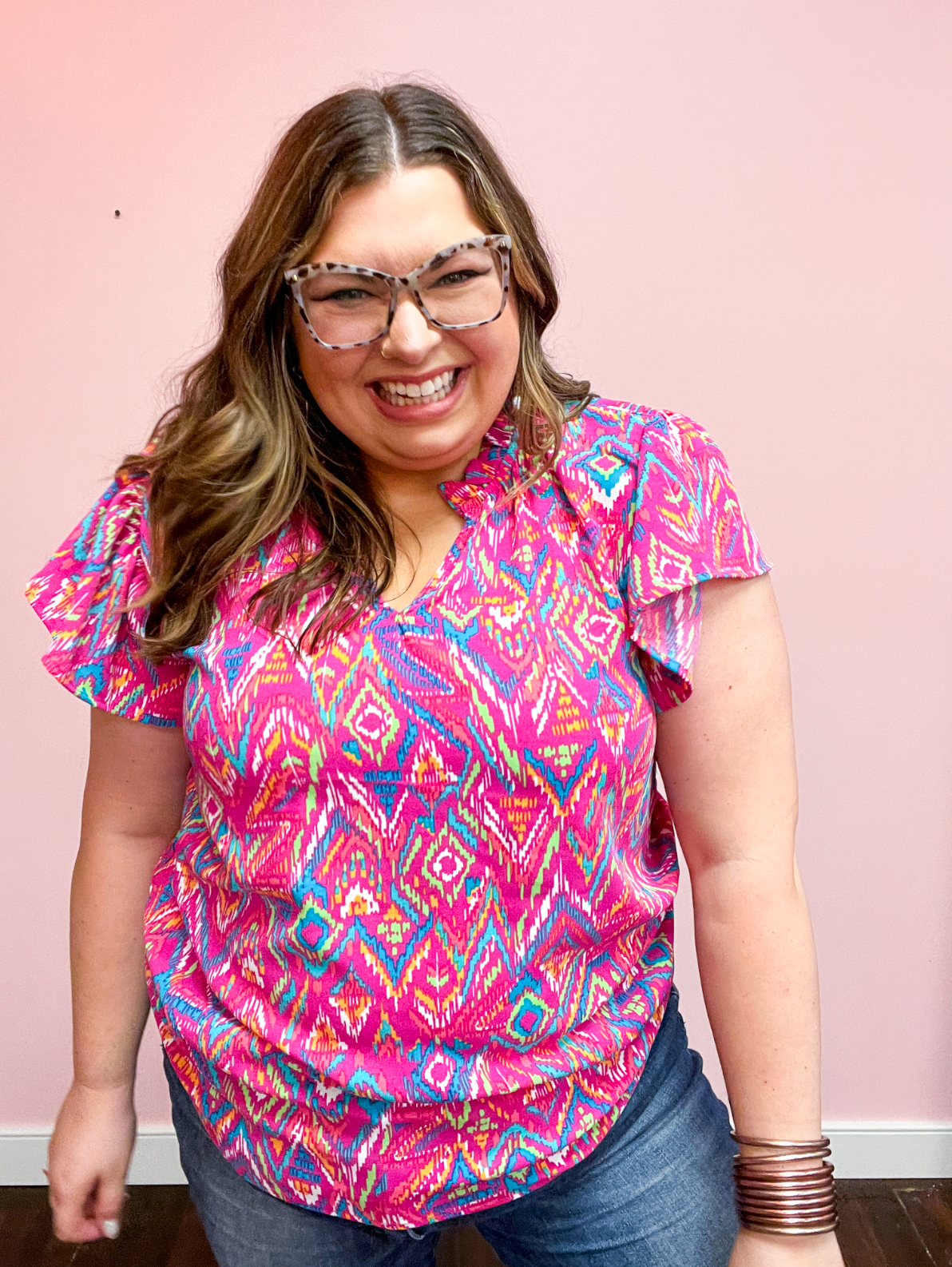 Eyes On You Fuchsia Boho Ikat Print Frill Notch Neck Top