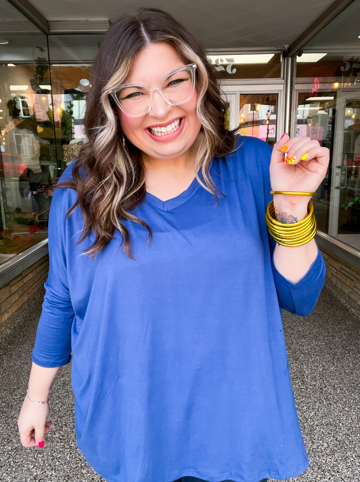 Butter Soft Free Flow 3/4 Sleeve Top in Denim Blue