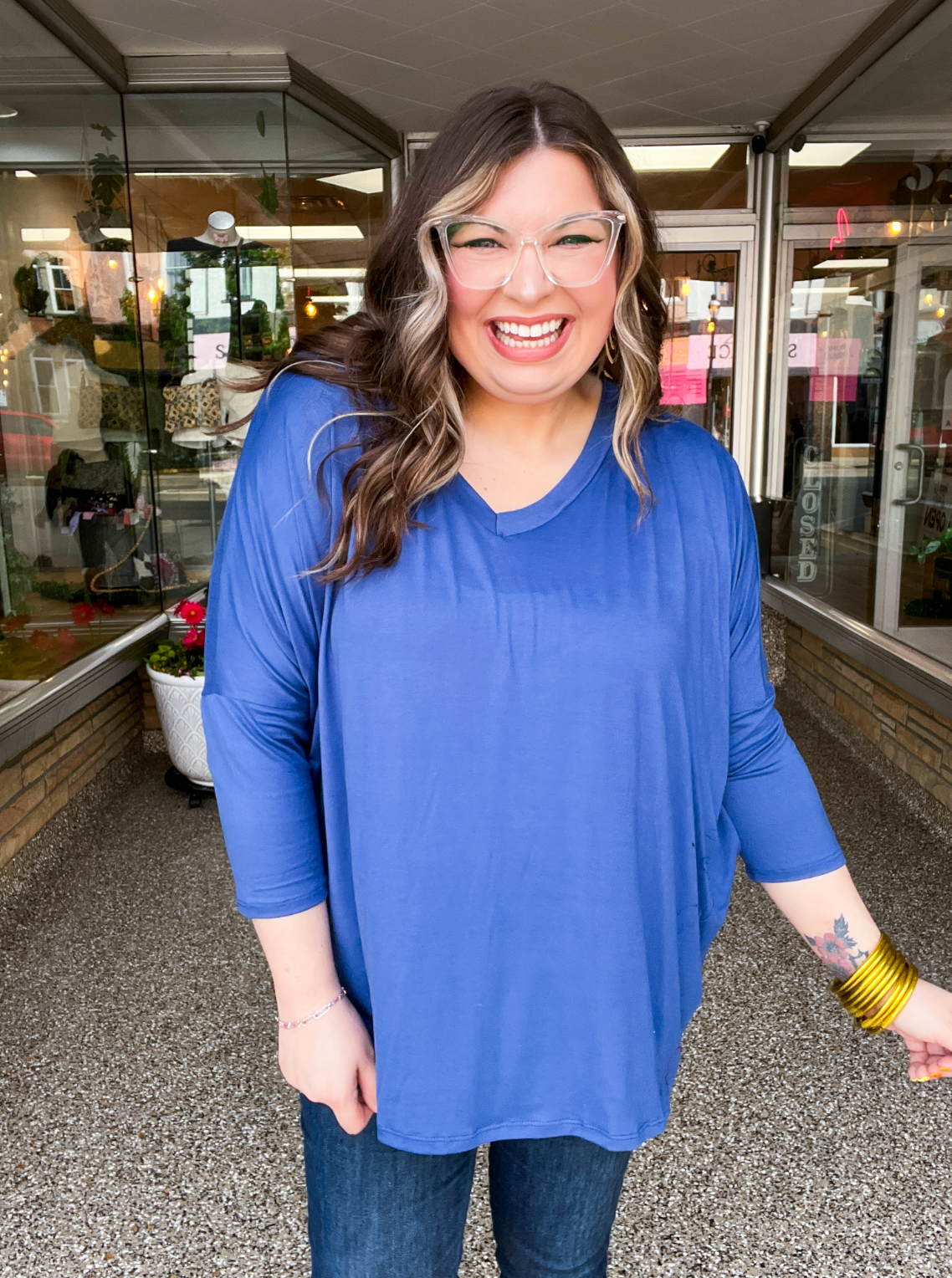 Butter Soft Free Flow 3/4 Sleeve Top in Denim Blue