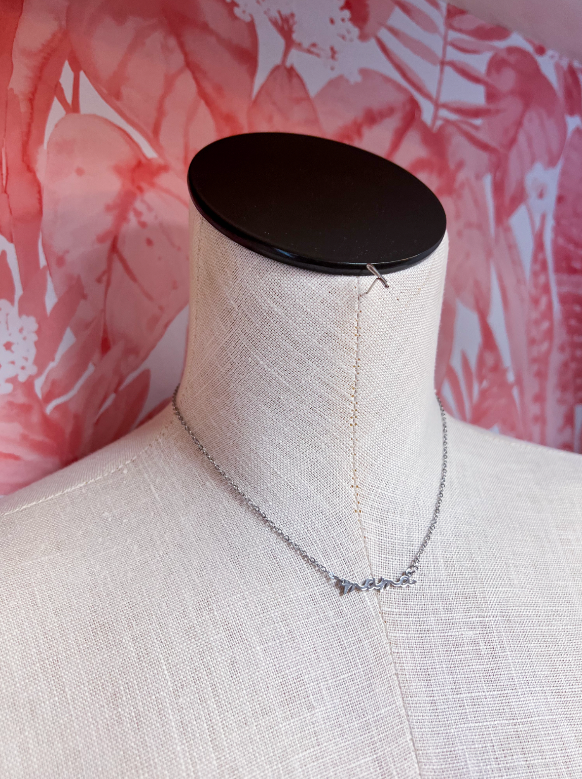 Stainless Steel Waterproof Tarnish Proof Mama Script Necklace  - Silver *Final Sale*