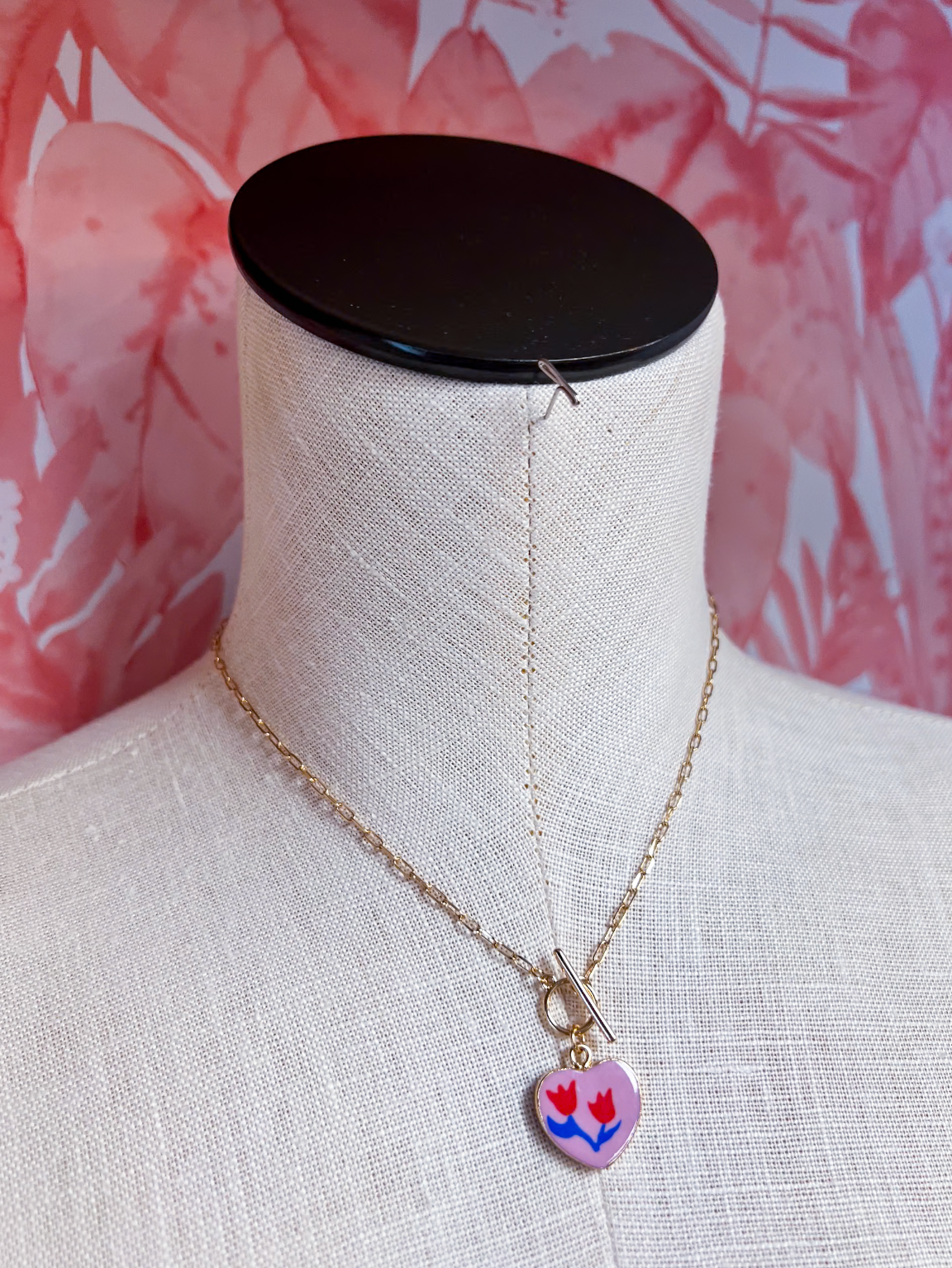 Porcelain Flower Heart Charm Toggle Necklace *Final Sale*