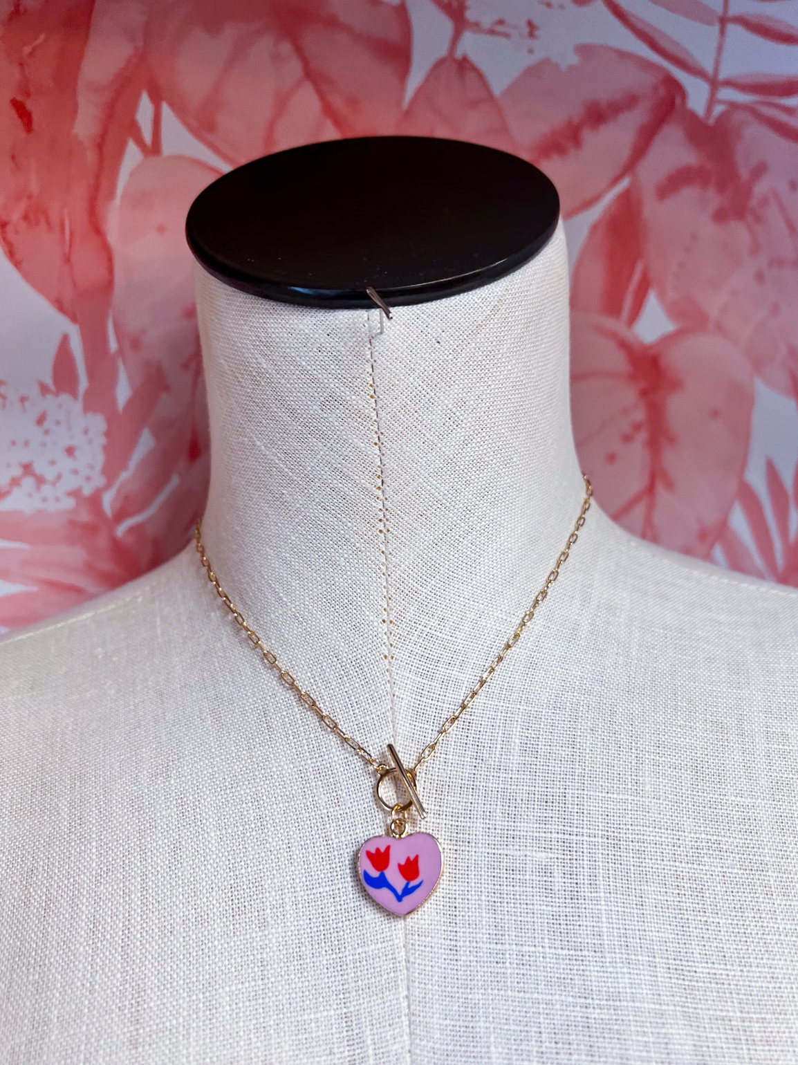 Porcelain Flower Heart Charm Toggle Necklace *Final Sale*