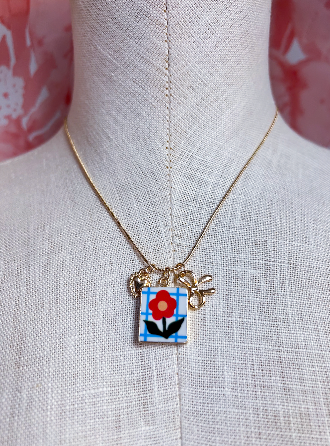 Porcelain Cluster Charm Bow Heart Necklace  *Final Sale*