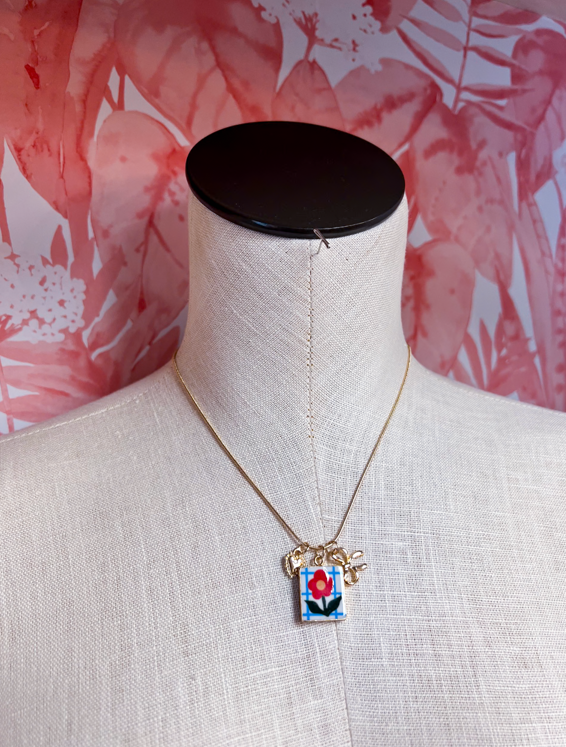 Porcelain Cluster Charm Bow Heart Necklace  *Final Sale*