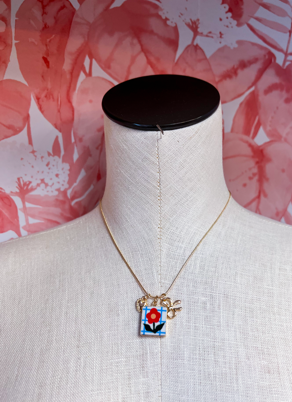 Porcelain Cluster Charm Bow Heart Necklace  *Final Sale*