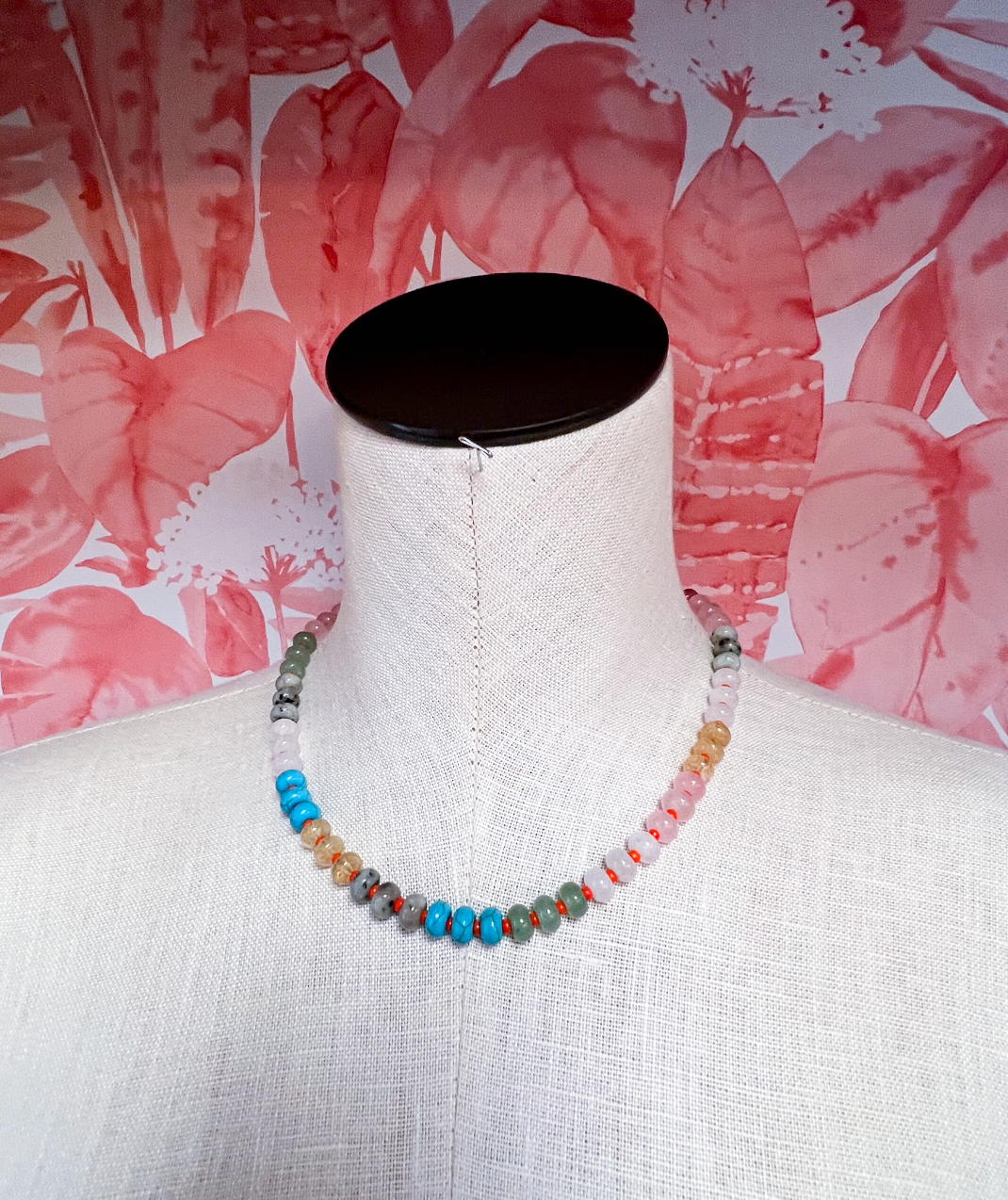 Natural Stone Charm Spring Clasp Beaded Necklace in Orange  *Final Sale*
