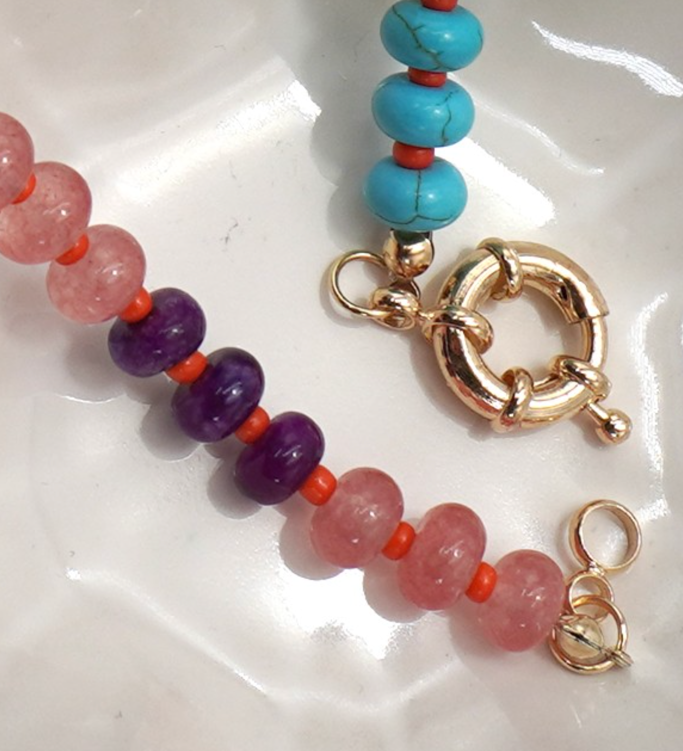 Natural Stone Charm Spring Clasp Beaded Necklace in Orange  *Final Sale*