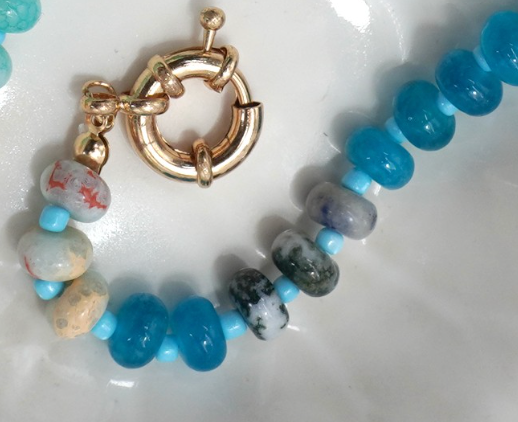 Natural Stone Charm Spring Clasp Beaded Necklace in Blue  *Final Sale*