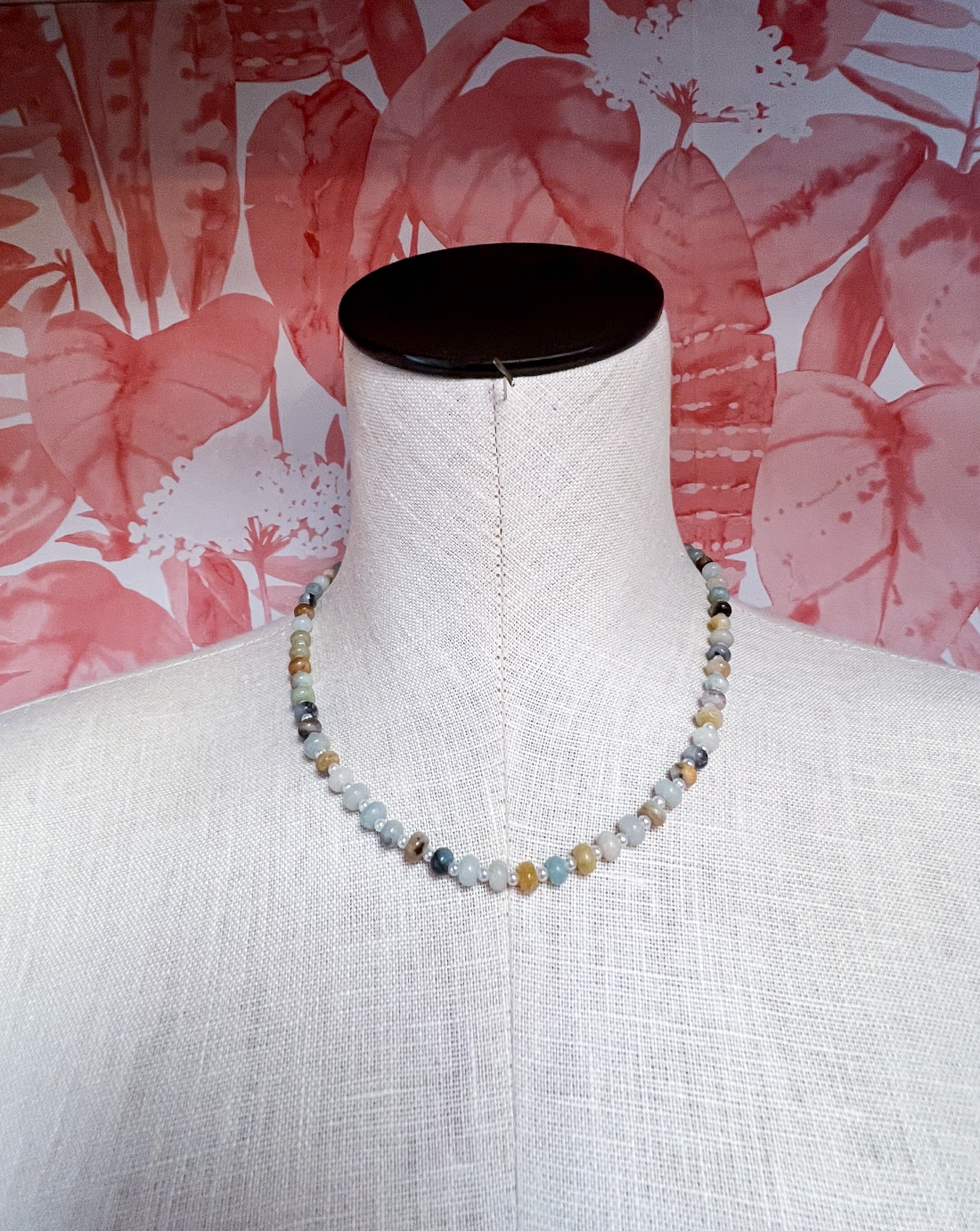 Natural Stone Charm Spring Clasp Beaded Necklace in Pearl  *Final Sale*