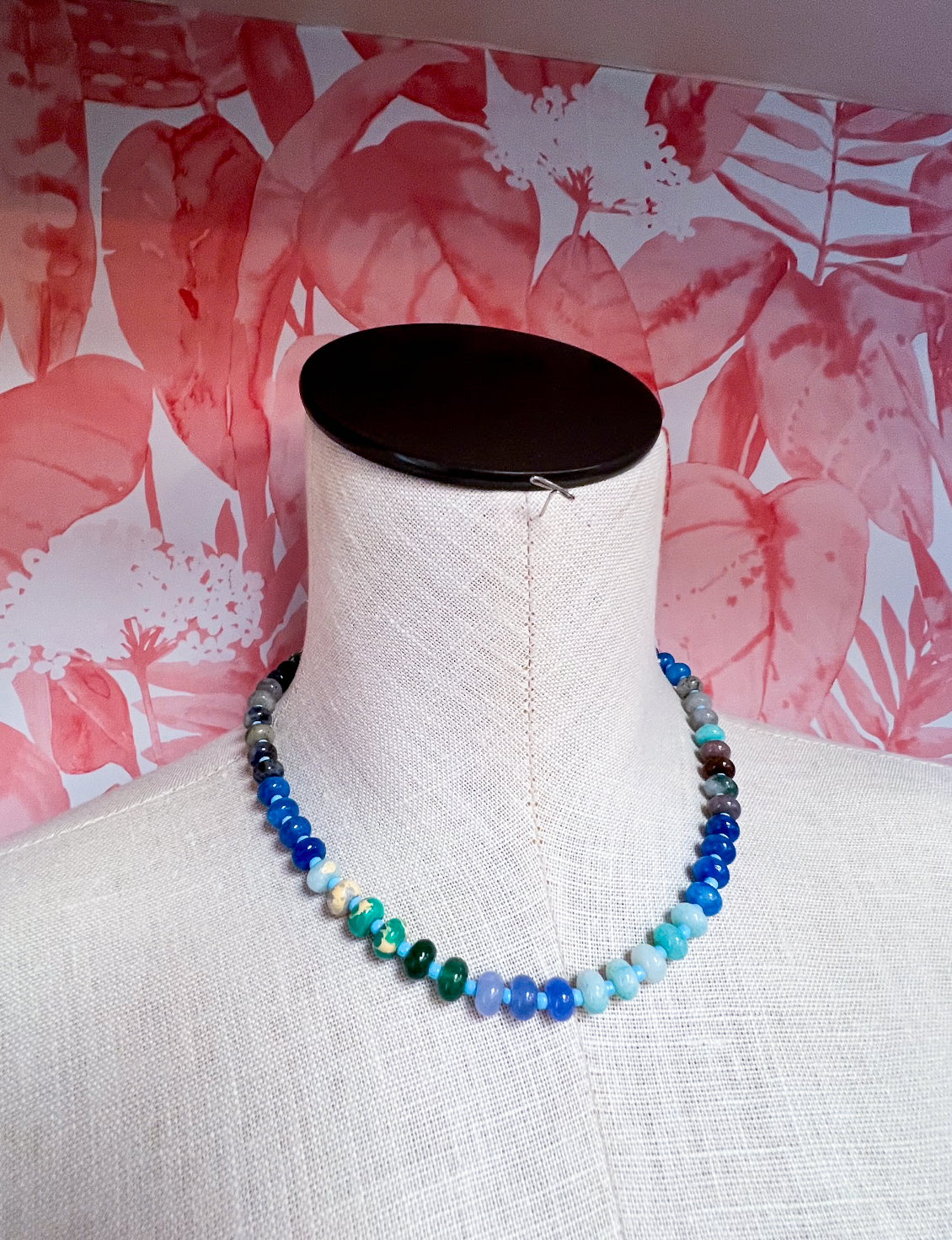 Natural Stone Charm Spring Clasp Beaded Necklace in Blue  *Final Sale*