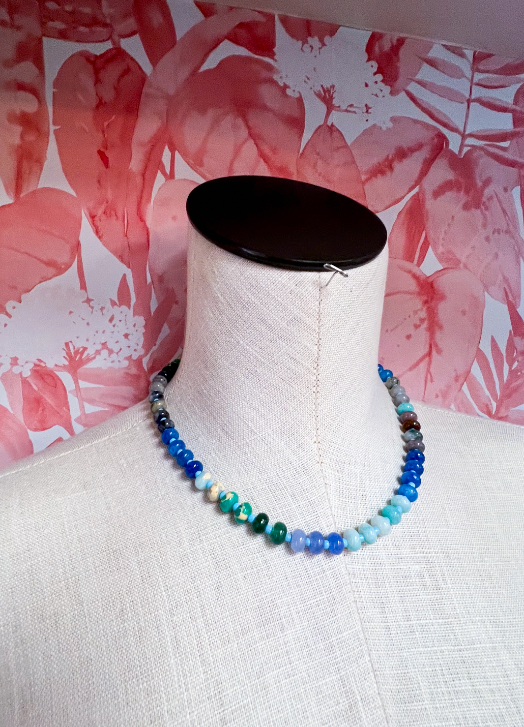 Natural Stone Charm Spring Clasp Beaded Necklace in Blue  *Final Sale*