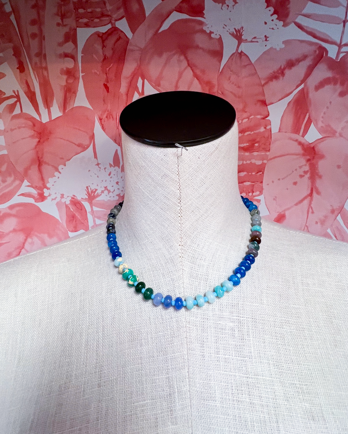 Natural Stone Charm Spring Clasp Beaded Necklace in Blue  *Final Sale*
