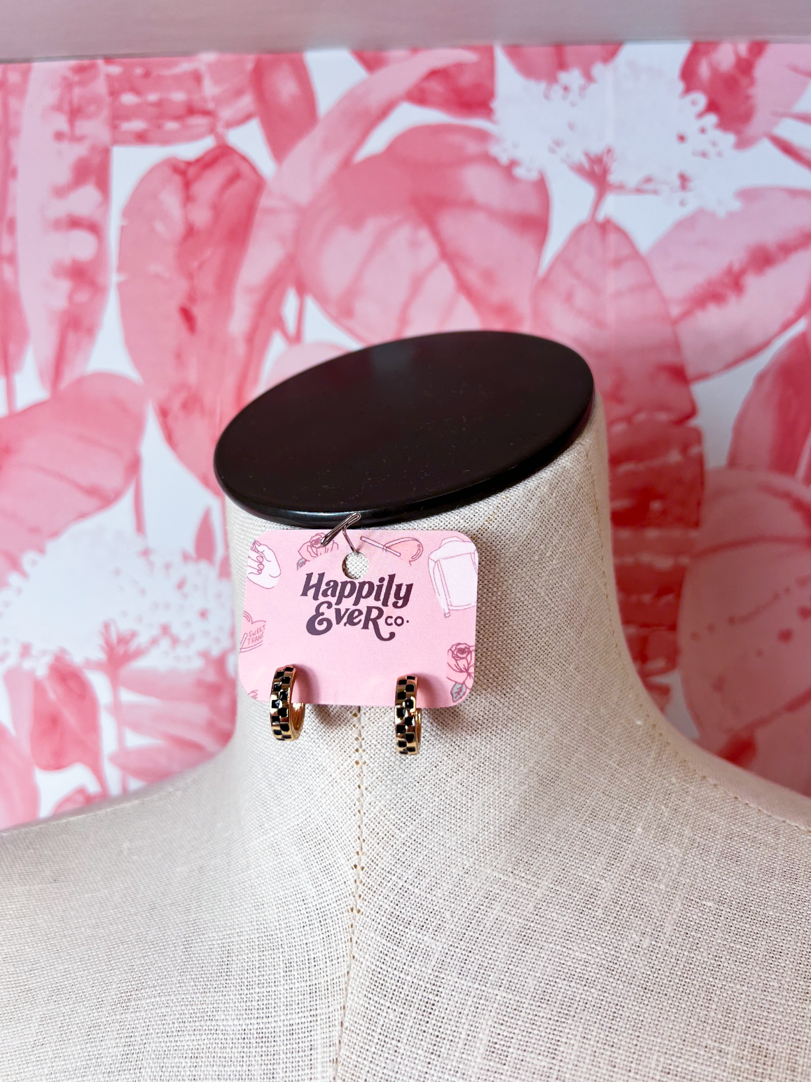 Mini Checker Hoop Huggie Earrings in Gold & Black *Final Sale*