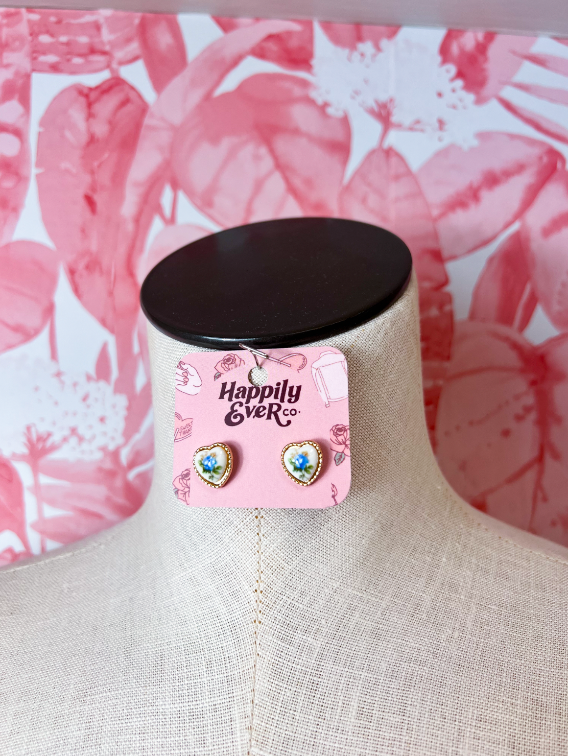 Heart Floral Porcelain Toile Pattern Stud Earrings in Gold *Final Sale*