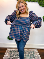 Gather ‘Round Plaid Babydoll Top in Navy