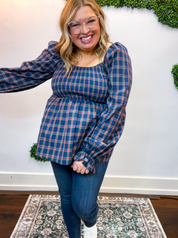 Gather ‘Round Plaid Babydoll Top in Navy