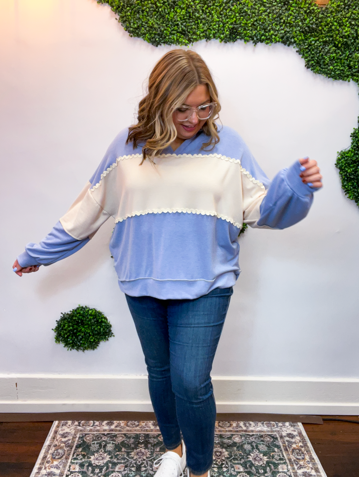 Ric Rac Darling Pullover in Denim & Cream