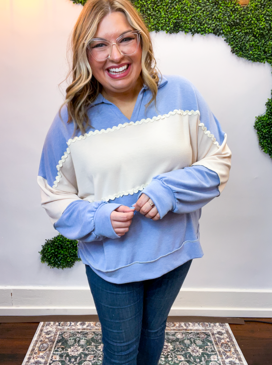Ric Rac Darling Pullover in Denim & Cream