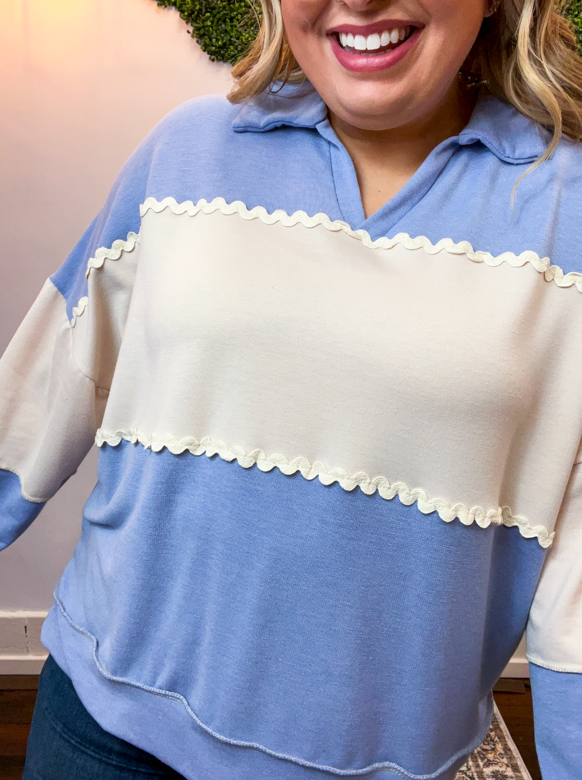 Ric Rac Darling Pullover in Denim & Cream