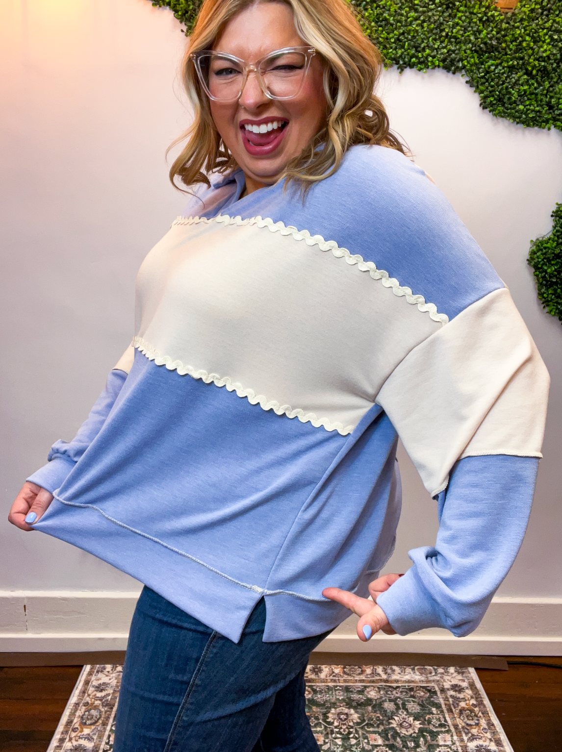 Ric Rac Darling Pullover in Denim & Cream